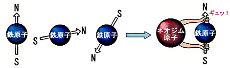ネオジム原子が鉄原子の磁極のふらつきを抑制する働きの図解